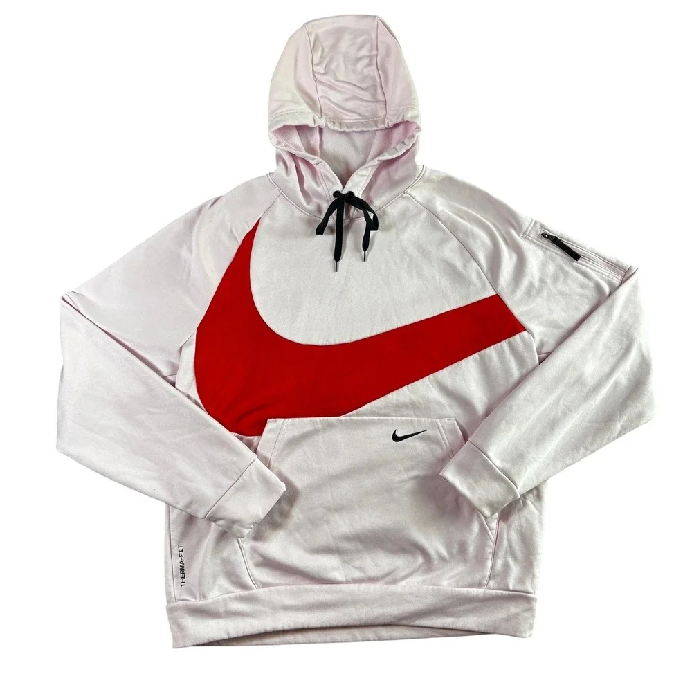Nike Therma Fit Pink‎ Red Swoosh Hoodie Sweatshirt Women's Size Large
